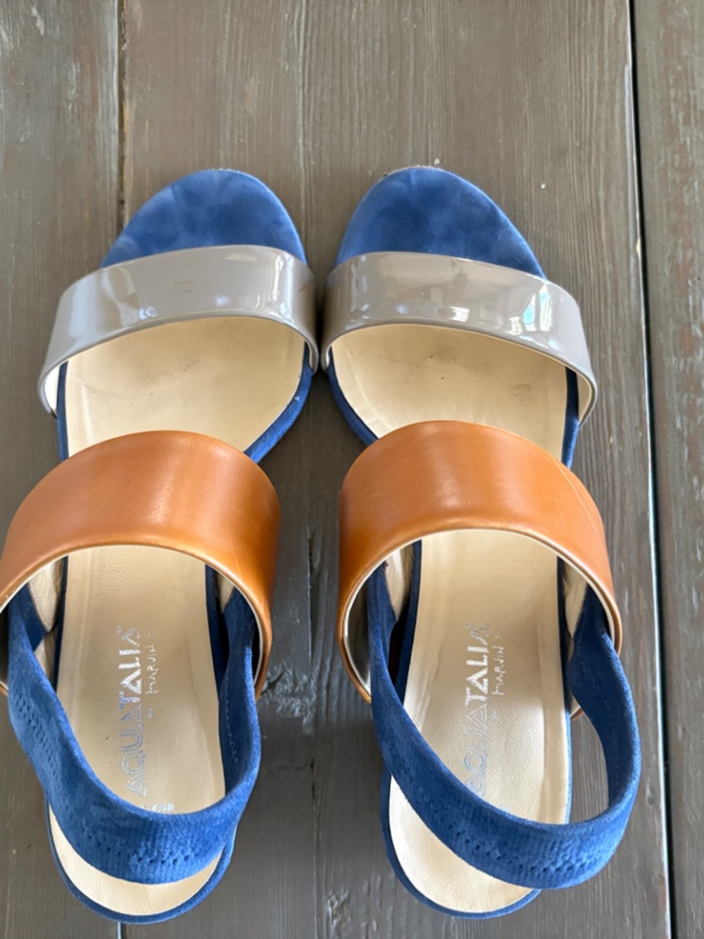 Aquatalia Blue, Tan & Gray Leather Slide Sandals